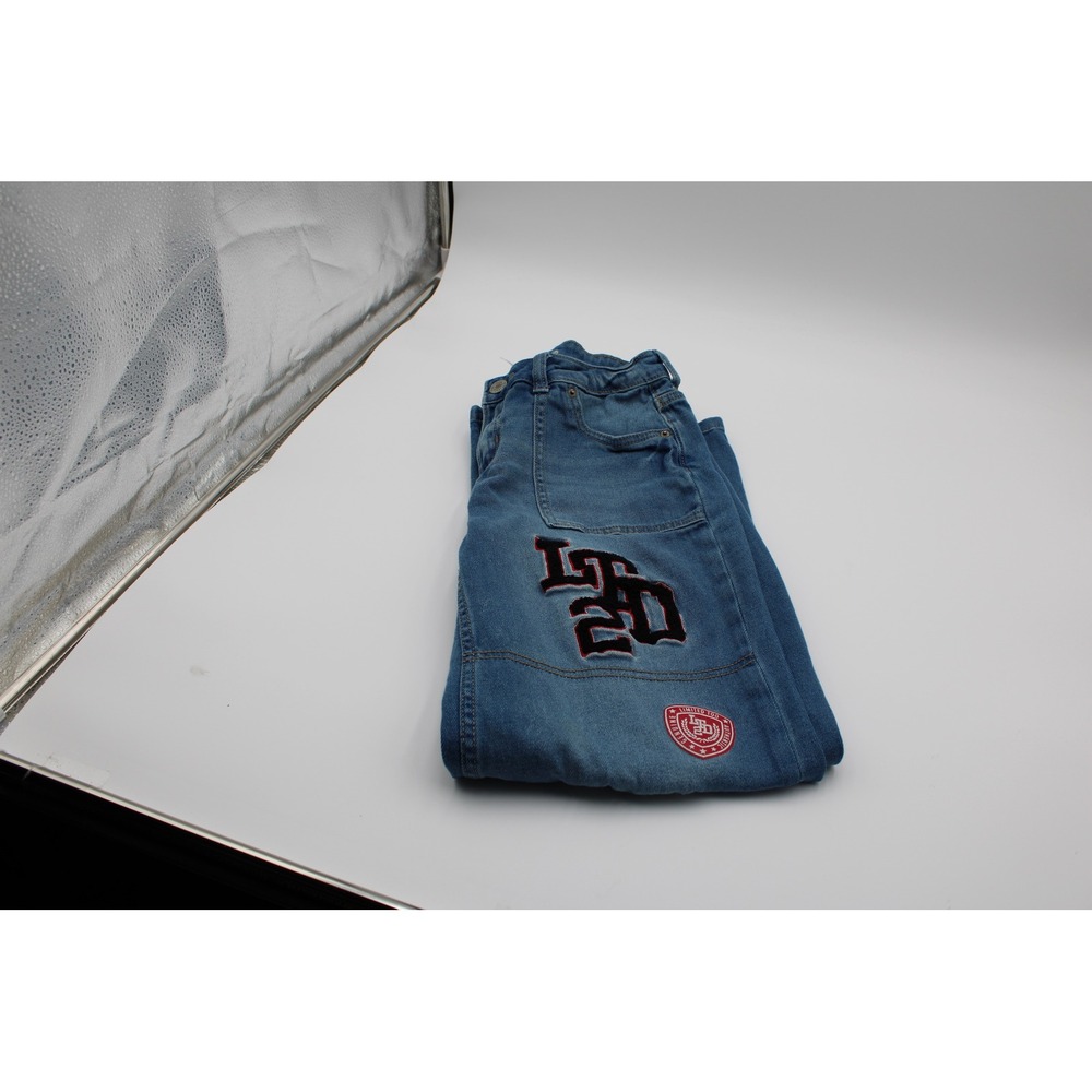 Limited Too Wide Leg Jeans Blue Distressed Collegiate Patch Denim Size 14 Y2K